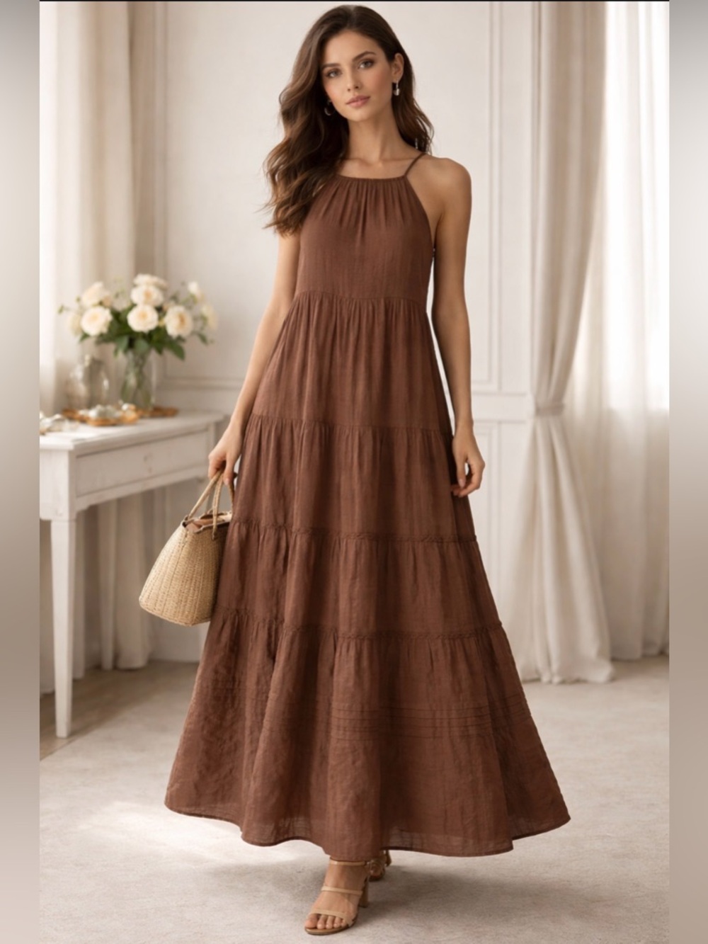 Shabby Chic brown Tiered Maxi Skirt cotton size small to medium